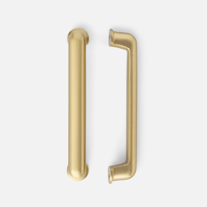 Front view of Remy Pull showcasing two long gold-toned cabinet pulls on a light gray background