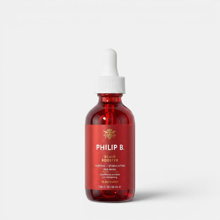 Shop Rescue Spa Philip B. Scalp Booster pre-wash treatment in a red glass dropper bottle for hair density and volume.