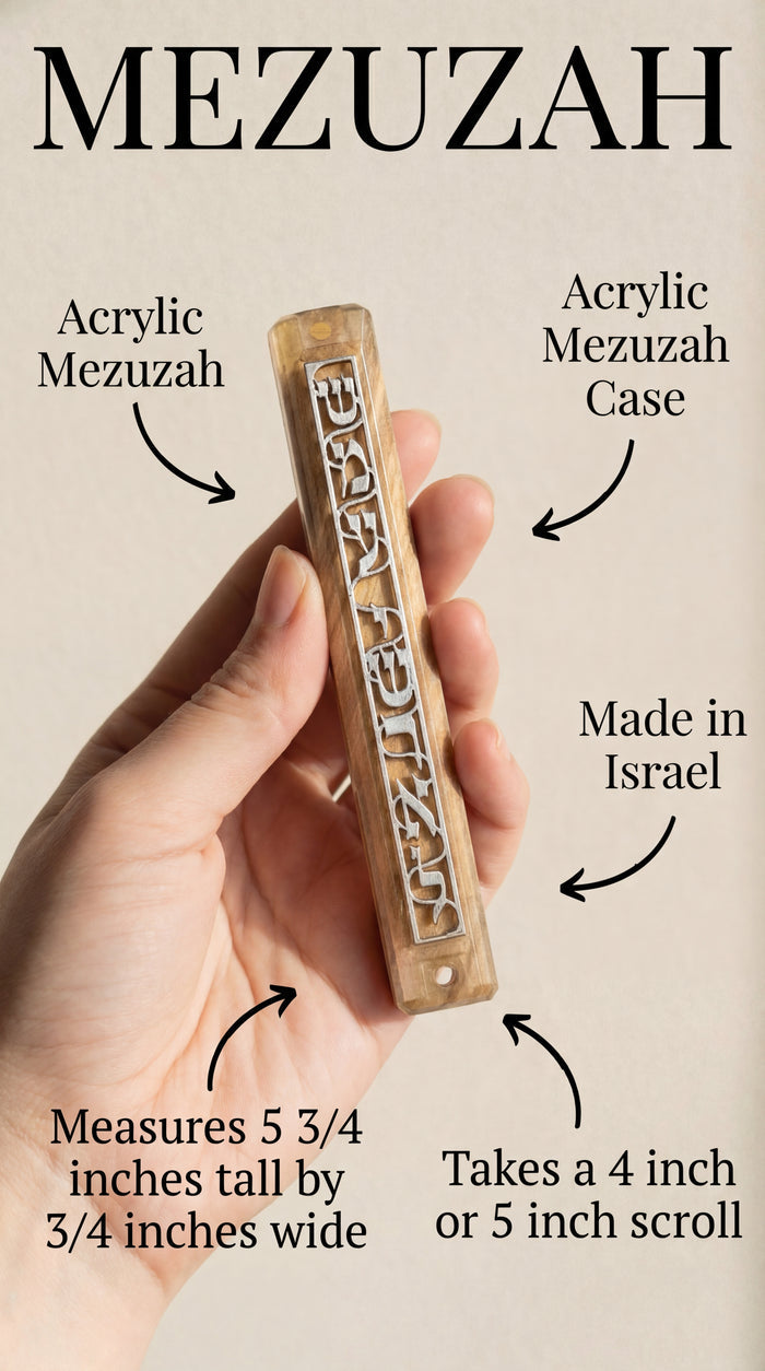 Person holding Shema Mezuzah with curvy arrows indicating placement and features, light background matching product tone.