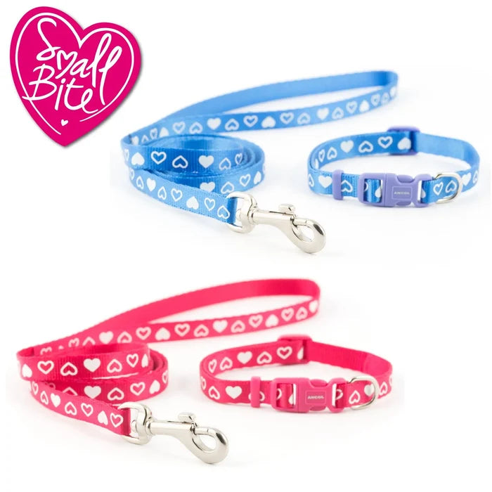 Small Bite Heart Collar & Lead Set – Raspberry or Blue