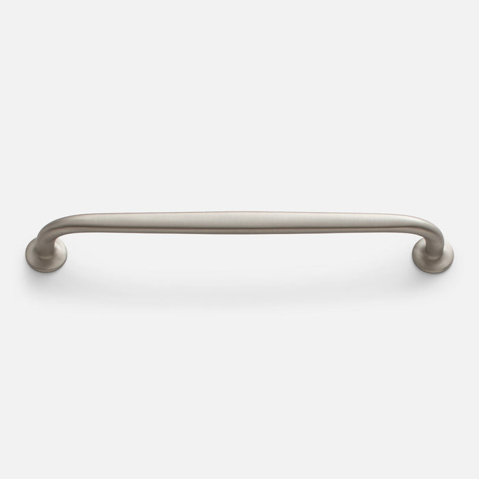 Front view of Somerset appliance pull showcasing its curved bar and round mounting bases on a white background