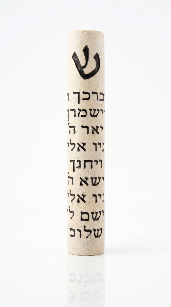 Threefold Blessing Jerusalem stone mezuzah case with black Shin and complete Hebrew Birkat Kohanim inscription
