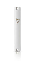 Front of Timeless White Gold Shin Outdoor Mezuzah with white acrylic body, raised gold Shin and mounting holes for outdoor use