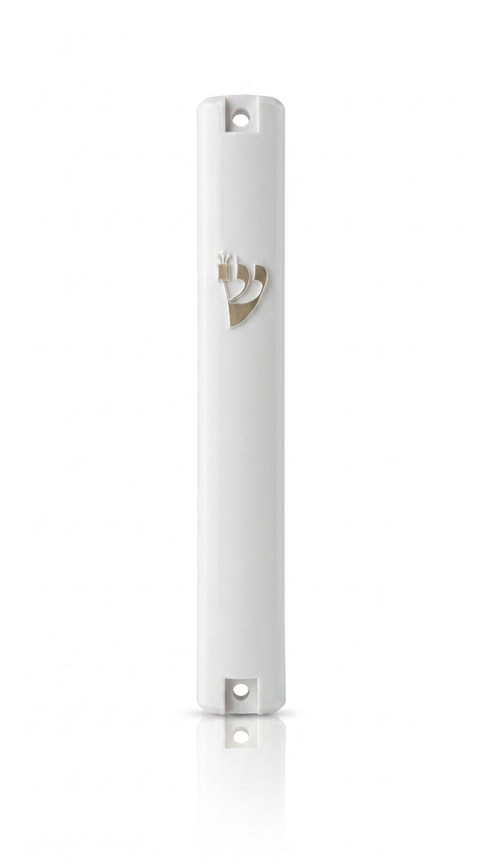 Front of Timeless White Gold Shin Outdoor Mezuzah with white acrylic body, raised gold Shin and mounting holes for outdoor use
