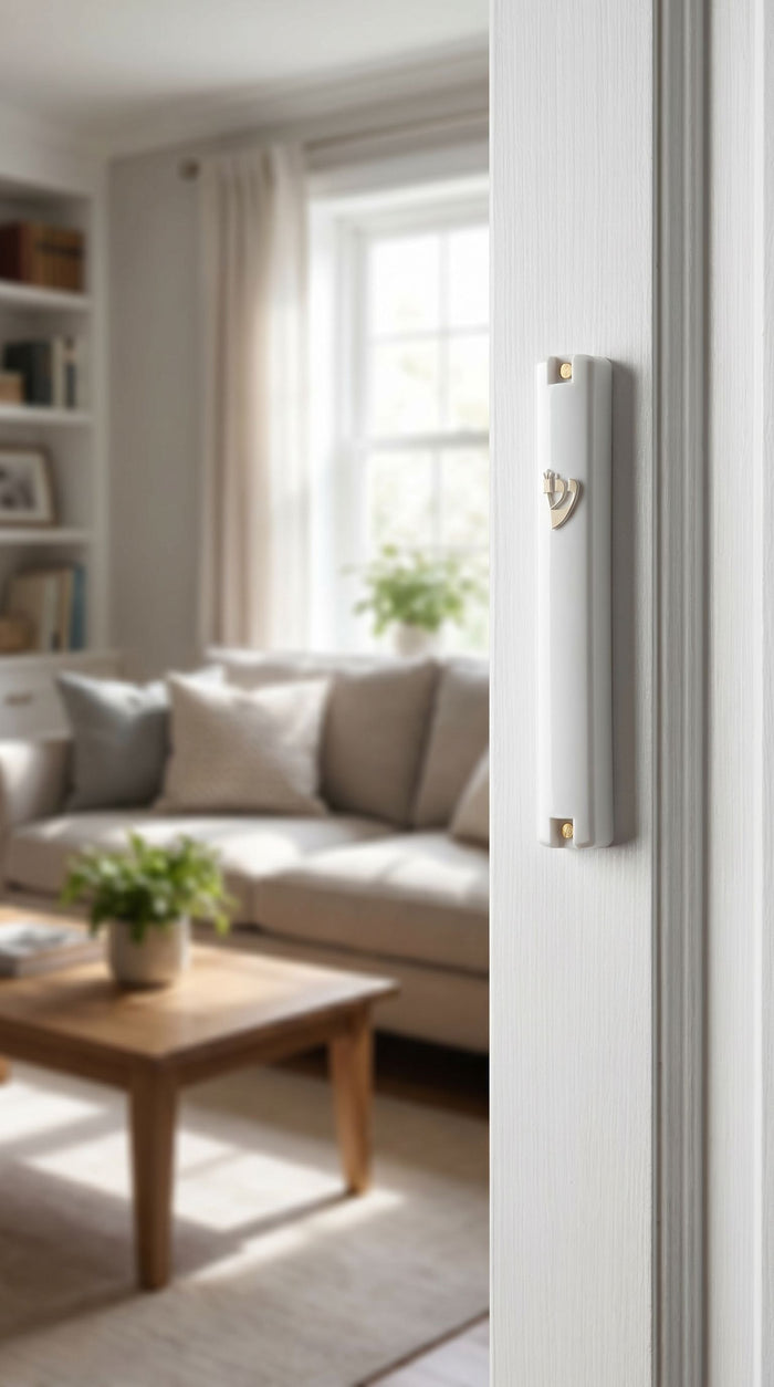 Timeless White Gold Shin Outdoor Mezuzah mounted on a white doorpost in a bright modern Jewish home