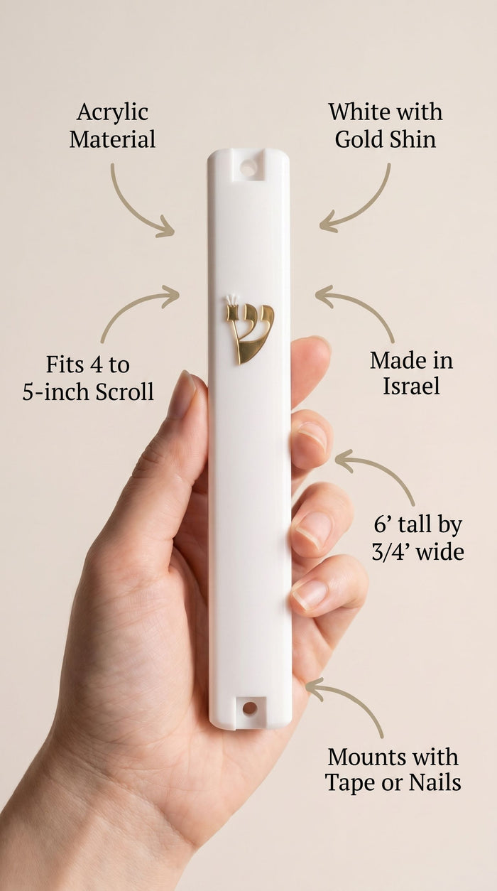 a 6-inch Modern Gold Shin white Outdoor Mezuzah case that is made in Israel and waterproof with callout features in hand