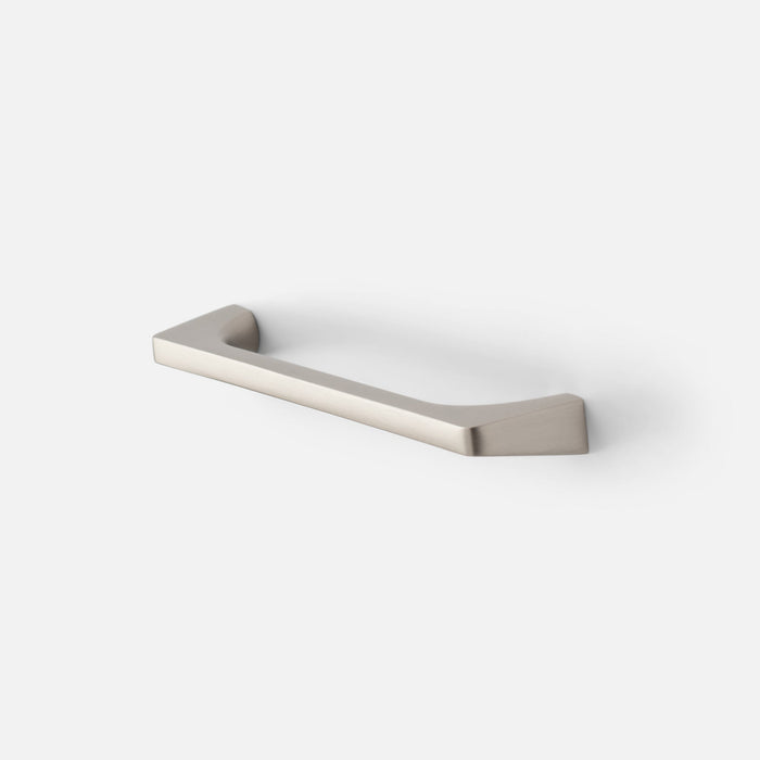 Angled view of the Truss Pull showcasing its satin nickel finish and angular ends on a white background