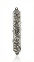 Wheat Land Mezuzah made of pewter, measuring 4.1/4 inches tall, designed for home doorways, with detailed Hebrew engravings and decorative motifs.