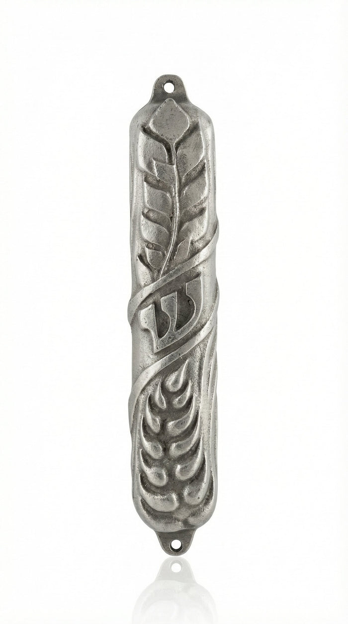 Wheat Land Mezuzah made of pewter, measuring 4.1/4 inches tall, designed for home doorways, with detailed Hebrew engravings and decorative motifs.