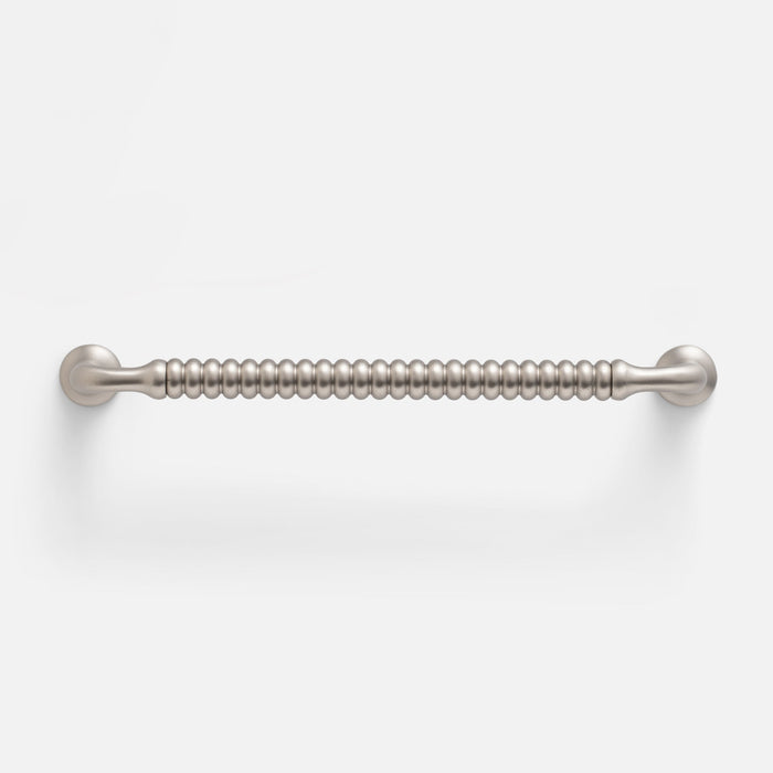 Front view of Whittaker Pull showcasing ribbed solid brass design in satin nickel on a white background