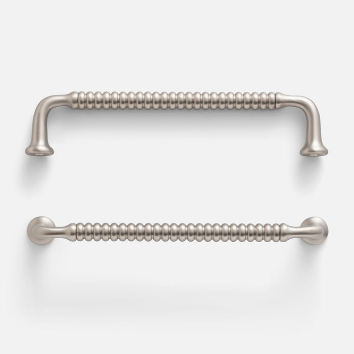 Two views of the Whittaker Pull showcasing its ribbed solid brass handle in satin nickel on a white background