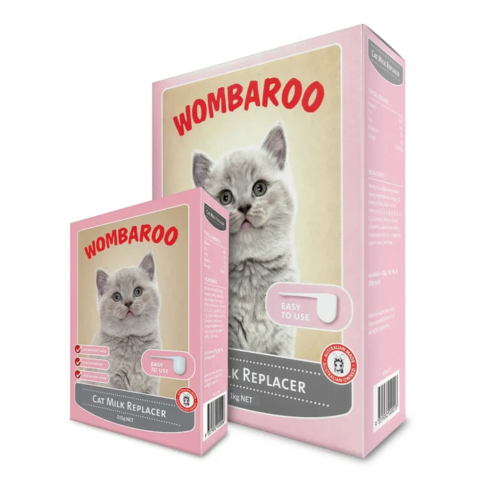 Image of both sizes of Wombaroo Cat Milk Replacer: 215 g and 1 kg boxes.