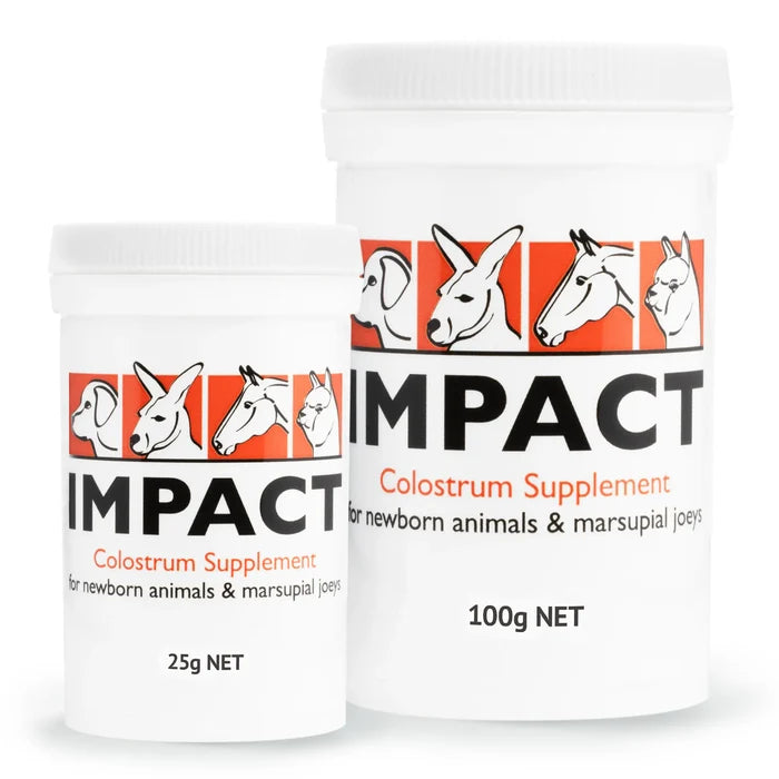 Image of both sizes of Wombaroo Impact Colostrum Supplement: 25 g and 100 g jars.