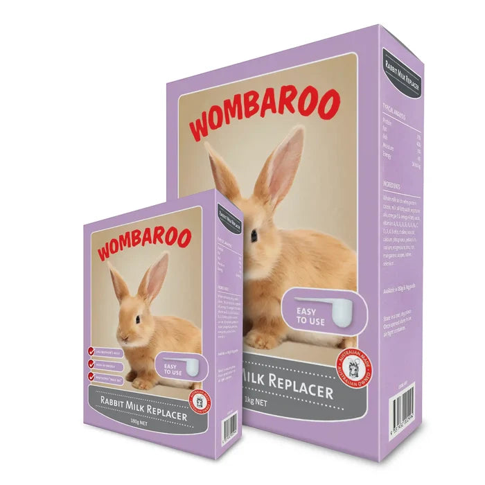 Image of both sizes of Wombaroo Rabbit Milk Replacer: 180 g and 1 kg.